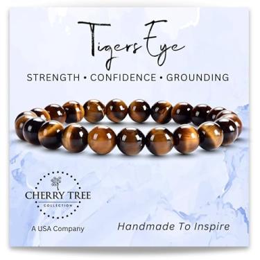 Imagem de Cherry Tree Collection Pulseiras olho de tigre e mais de 40 outras pedras – contas de pedras preciosas para homens e mulheres, promovem proteção, coragem, foco, equilíbrio e sorte – Disponível em P, M