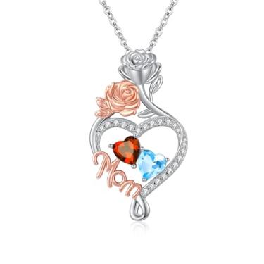 Imagem de WYDDO Colar com coração e amor, pedra do mês de nascimento duplo, joia de flor de rosa, aniversário dos namorados, presente de Natal para avó, esposa, mãe, Base, Zircônia cúbica