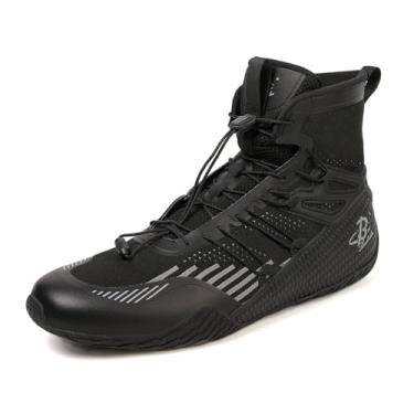 Imagem de B LUCK SHOE Tênis de boxe masculino, leve, de cano alto, com cordão – Calçado de ginástica de suporte para lutadores LS508, Todo preto, 36