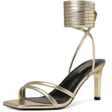 Imagem de RIBONGZ Sandálias femininas de salto alto com tiras quadradas, bico aberto, tira no tornozelo, cadarço, salto alto, sexy, para casamento, formatura, festa, conforto, Poliuretano dourado, 8 UK