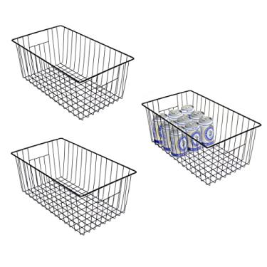 Imagem de Cestas organizadoras de armazenamento de arame para freezer de 40,64 cm, cestas de metal para geladeira com alças para cozinha, despensa, armário, armários (preto, pacote com 3)