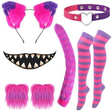 Imagem de WGOCAUK 8 kits de fantasia de gato roxo, faixa de cabeça de orelhas de gato rosa roxo com desenho animado de coração, gargantilha de coração, cauda peluda, luvas de tatuagem, meia-calça alta para 101