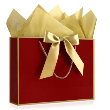 Imagem de JMANNI Sacos de presente grandes com fita e 1 cartão comemorativo, 2 lenços de papel, bolsa de presente portátil com alças, aniversário, presente para festa de casamento Dia das Mães. 30 x 24 x 10 cm