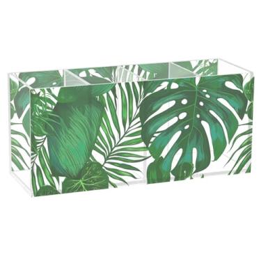 Imagem de TSENQUE Porta-canetas floral personalizado para arte de mesa, folhas de palmeira verdes, arte de escritório, organizador de acrílico