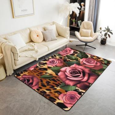 Imagem de jejeloiu Tapete decorativo de flores de leopardo, 12 x 17 cm, rosa, floral, para crianças, adolescentes, adultos, animais selvagens, sala de estar, para quarto, todas as estações, macio