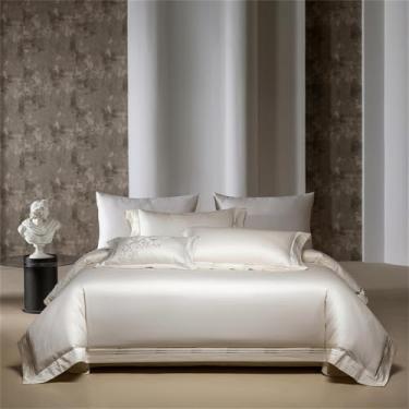 Imagem de Conjunto de cama de algodão egípcio estilo hotel, cor sólida, com capa de edredom, lençol de cima/com elástico e fronhas (4 peças), cor creme. Lençol com elástico: 1,8 m.