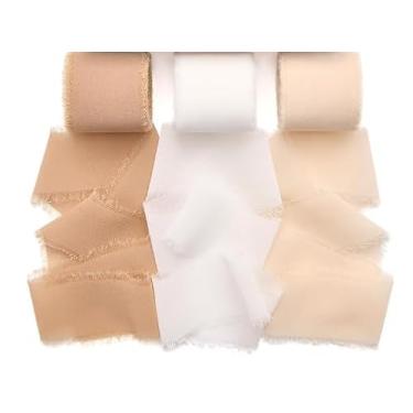 Imagem de 3 rolos de fita de chiffon feita à mão azul empoeirado, 3,8 cm x 16,5 metros de fitas de franjas desgastadas para embrulho de presente, decoração de casamento e artesanato (branco nude e creme)