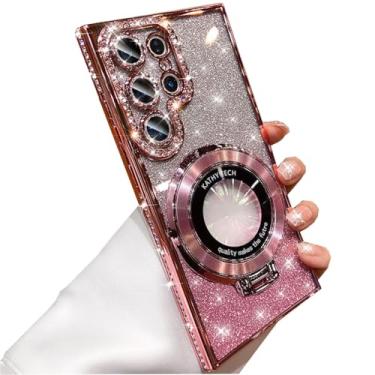 Imagem de AuroiCCY Capa para Samsung Galaxy S25 Ultra para mulheres e meninas [compatível com MagSafe] Bonito suporte de glitter com capa de lente de câmera Bling revestimento luxuoso à prova de choque para