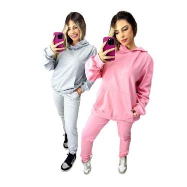 Imagem de Kit com 2 conjuntos Moletom calça e capuz feminino Inverno Slim quenti