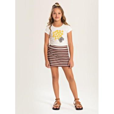 Imagem de Conjunto Verão Menina Natural Blusa Com Laço e Shorts Saia Flores e Li