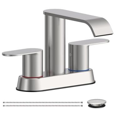 Imagem de Homevacious Torneira de pia de banheiro cachoeira níquel escovado conjunto central de 10 cm duas alças torneiras de banheiro modernas de aço inoxidável com mangueira de drenagem pop-up para pia de 2