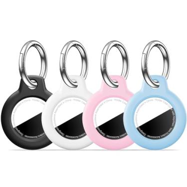 Imagem de MOLOSLEEVE [Pacote com 4] Capa para Airtag com chaveiro, capa de GPS à prova de choque, chaveiro antiarranhões, para Airtag para rastreador de itens GPS para bolsas, bagagens, preto/branco/rosa flor