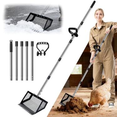 Imagem de Pá de cocô de galinha e ancinho 2 em 1 de metal 25,4 cm Pá de peneirar cocô de galinha extralonga com aderência (22 a 190,5 cm) Ferramentas de limpeza de galinheiros de aço inoxidável para galinheiros