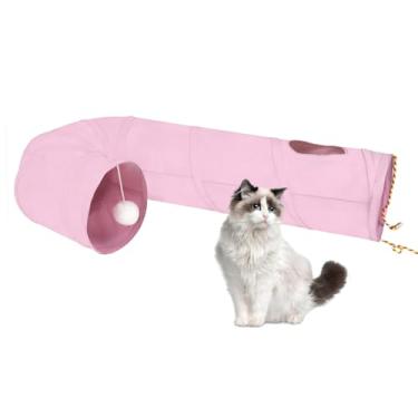 Imagem de Túnel para gatos, tubo dobrável bidirecional para gatos com orifício interativo Peek-A-Boo, bola de brinquedo e corda – Ideal para gatos, gatinhos e coelhos em ambientes internos (rosa)