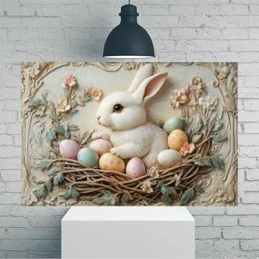 Imagem de Arte de parede em tela rústica vintage coelhinho da Páscoa com ovos - Pôster sem moldura de 30 x 45 cm - Ideia de presente para decoração de casa e escritório para sala de estar, quarto, cozinha e