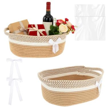 Imagem de Cesta de presente vazia com fitas, gravata borboleta e bolsa, 37 x 24,5 x 14 cm, caixa decorativa vazia para o dia dos namorados, armazenamento de cesta de corda com alça para batismos de bebês, dia