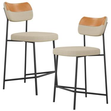 Imagem de Kit 02 Banquetas Baixa Bar Cozinha Sala Jantar Whisky Melina L02 Couríssimo Whisky Linho Bege - Lyam Decor