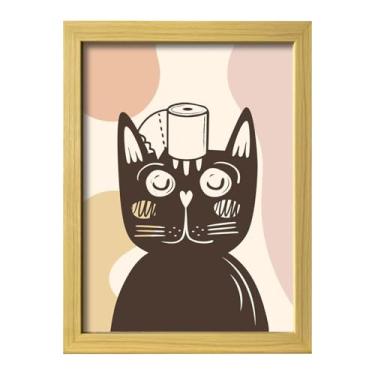 Imagem de Decoração de parede de banheiro engraçada emoldurada gato com rolo de papel higiênico impressão em tela emoldurada cores neutras arte de parede vintage banheiro moderno design boho pintura banheiro