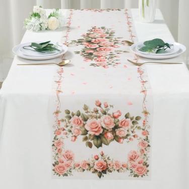 Imagem de Caminho de mesa floral, lavável na primavera, rosa denso, design de flores e pétalas, caminho de mesa branco claro, decoração de jantar de cozinha sazonal para decoração de festa de casamento, casa