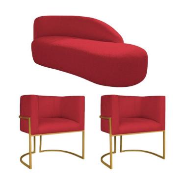 Imagem de Kit Divã Luna 160cm Lado Direito E 02 Poltronas Base De Ferro Dourado Suede Vermelho