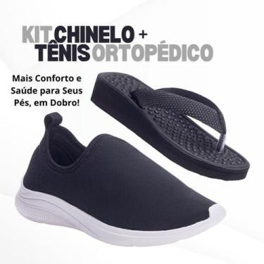 Imagem de Kit Tênis Feminino Casual Calce Fácil e Chinelo Ortopédico Para Esporã