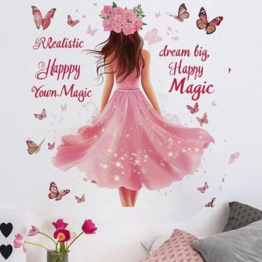 Imagem de Adesivo de parede vestido rosa para menina com borboletas PVC 70x73cm 