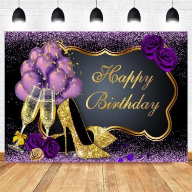 Imagem de Tapeçaria pendurada na parede, aniversário, balões roxos, champanhe - 
