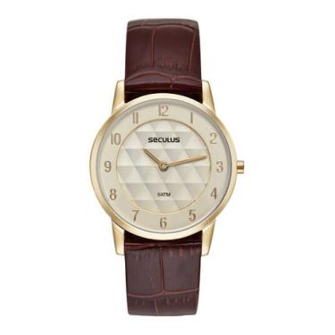 Imagem de Relogio Seculus feminino dourado slim fino com numeros pulseira de cou