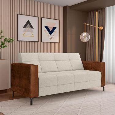 Imagem de Sofá Living Decorativo Houston 2 Lugares 200cm Pés em Metal Linho/PU Off White/ Marrom G33 - Gran Belo