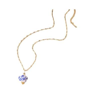 Imagem de Colar Feminino Vintage Com Pingente De Coração De Cerâmica Azul E Corr