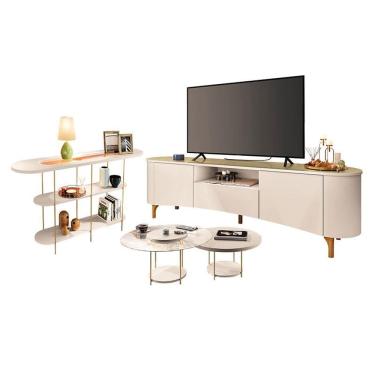 Imagem de Rack Bancada Elara Off White Champanhe com Kit Mesa de Centro Sky e Aparador Infinity Off White - HB Móveis