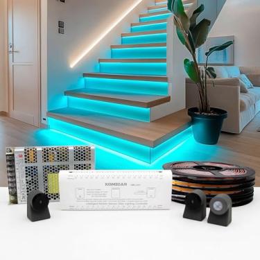 Imagem de KOMIGAN Kit de iluminação de escada LED acionado por movimento inteligente KMG-3233, fita de luz de LED cortável de 101,6 cm para luzes de escada LED internas (cor verde marte, 16 escadas)