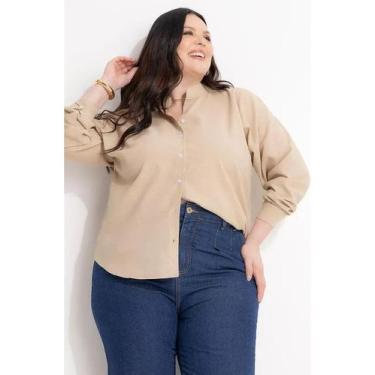 Imagem de Camisa Feminina Plus Size Linho Bege Gola Padre Elegante Bege Cor:Bege