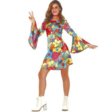 Imagem de Fantasia Hippie Anos 70 e 60 Feminina Adulta Vestido Luxo Colorido - F