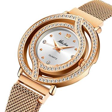 Imagem de Relógio de pulso feminino de quartzo com diamantes de cristal pavê de luxo, 3 ATM, à prova d'água, de aço inoxidável, para mulheres e meninas, ouro rosa