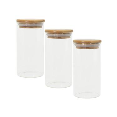 Imagem de Potes De Vidro p/ Mantimentos 300ml c/ Tampa Bambu - 3 pçs