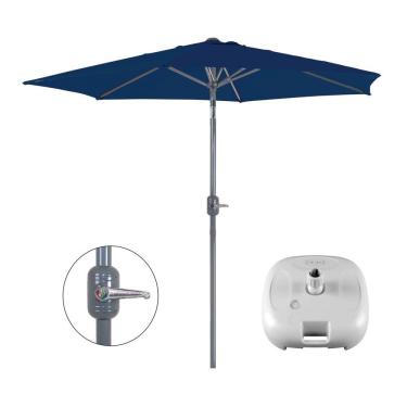 Imagem de Kit Ombrelone Guarda Sol Alumínio Manivela 2,4 Metros Azul + Base Plástica Branca - Mor