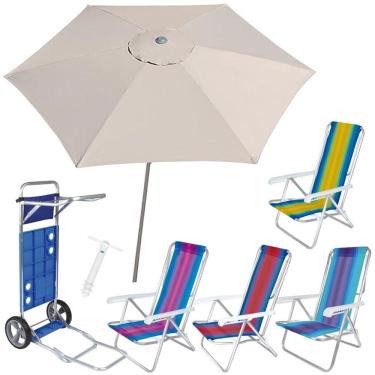 Imagem de Kit Guarda Sol Ombrelone 2,4m Malibu Carrinho De Praia Avanço 4 Cadeira Reclinável 8 Posições Saca Areia - Tobee