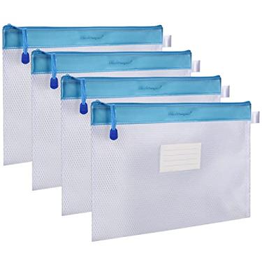 Imagem de Bolsa de arquivos com zíper, Wisdompro pacote com 4 sacos com zíper para armazenamento de documentos de tamanho de letra com organizador de bolso com etiqueta para documentos de escritório, recibos de negócios, manual do usuário (sem garantia de versão em português)., Azul