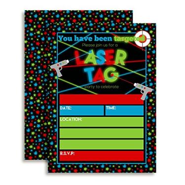 Imagem de Convites de festa de aniversário com etiqueta a laser para meninos, 20 cartões de preenchimento de 12,7 x 17,78 cm com vinte envelopes brancos da AmandaCreation