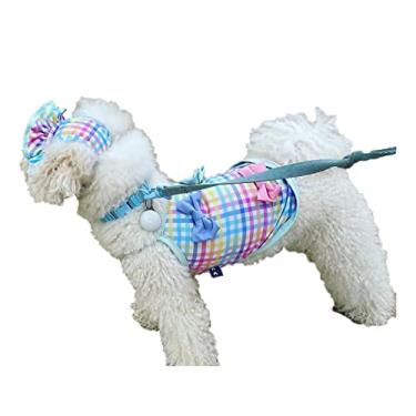 Imagem de Roupa de banho para cães de verão conjunto de biquíni xadrez para cachorro pequeno médio vestido de banho de praia macio com chapéu de sol para atividades ao ar livre, B, P (peito: 30cm)
