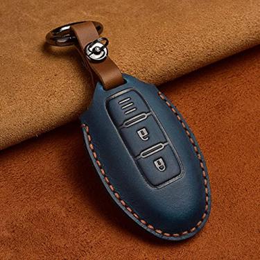 Imagem de YJADHU Capa de chave de carro de couro, apto para Infiniti EX35 FX35 FX50 M56 G35 G37 JX35 QX50 QX60 QX80 chaveiro Nissan capa de bolsa, 2 botões azuis