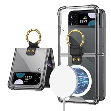 Imagem de estojo magnético de carregamento sem fio para Samsung Z Flip 4 Suporte de anel transparente Capa rígida para Samsung Z Flip 3 5G, preto, para Samsung Z Flip 4
