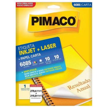 Imagem de Etiqueta Pimaco Carta Inkjet + Laser 279,4X215,9mm 10 Folhas 6085