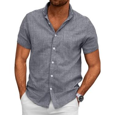 Imagem de EFAN Camisa masculina de linho havaiana de manga curta casual com botões flanela roupas de trabalho, Cinza, P