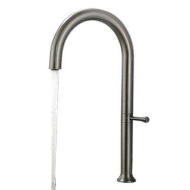 Imagem de Torneira de cozinha curvas com rotação de 360 graus, torneira misturadora de água quente e fria de aço inoxidável com furo único montada em níquel escovado, arma cinza