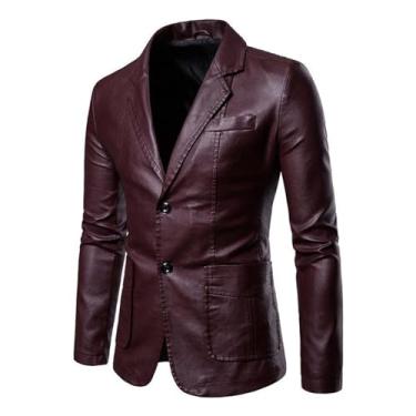 Imagem de Blazer masculino de couro versátil slim fit jaqueta de terno manga comprida gola lapela casaco casual, Vinho tinto, 5X-Large