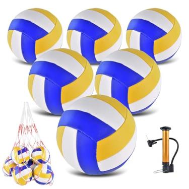 Imagem de ELKCIP Pacote com 6 bolas de vôlei oficiais tamanho 5, bolas de vôlei recreativas de volume macio com bomba e bolsa de rede para uso interno e externo, praia, piscina, água, areia, jogo de treinamento