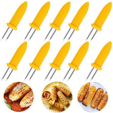 Imagem de Oneswi, suporte de milho de 10 peças, corn on the Cob Skewers, aço inoxidável, garfo de milho, garfo, espetos, utensílios de cozinha para churrasco, dois pinos, suportes para doces, garfo de cozinha