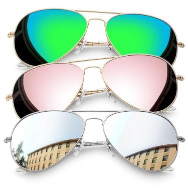 Imagem de Joopin Óculos de sol retangulares, óculos de sol clássicos militares para homens, óculos de sol de aviação de metal com proteção UV polarizada para fantasia, C42- Grande (verde + rosa + prata), Normal